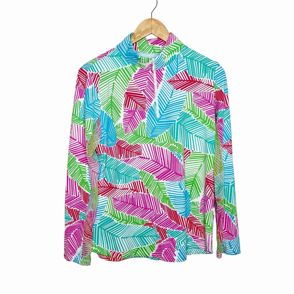 Ibkul Tropical 1/4 Zip Long Sleeve Pullover Top Womens Size L Palm Leaf Colorful